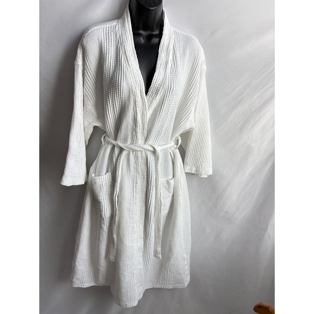 Boca Terry Waffle Kimono Spa Robe White Lightweight Bathrobe Cotton Unisex OS